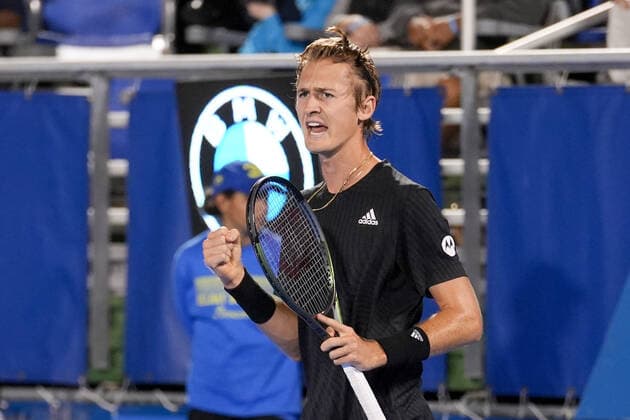 February 16, 2022, Delray Beach, Florida, United States: February, 16 - Delray Beach: Sebastian Korda(USA) celebrating here defeats Andrea Seppi(ITA) 75 63 at the 2022 Delray Beach Open by Vitacost.com. Delray Beach United States - ZUMApa3_ 0151113631st Copyright: xAndrewxPatronx