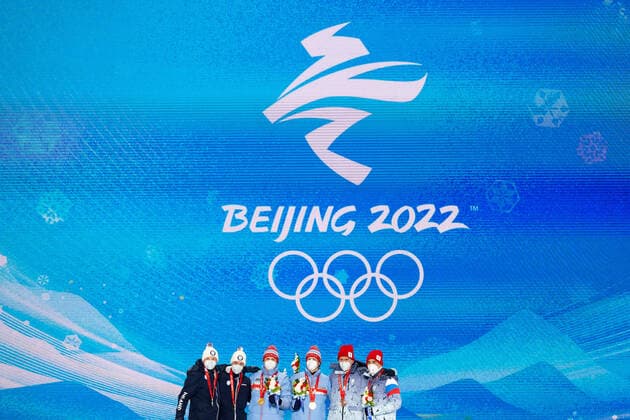 220217 Iivo Niskanen and Joni Mäki of Finland, Erik Valnes and Johannes Hosflot Klaebo of Norway and Alexander Bolshunov and Alexander Terentev ROC Russia at the medal ceremony for men s cross country skiing team sprint during day 13 of the 2022 Winter Olympics on February 17, 2022 in Zhangjiakou Photo Vegard Grott PHOTO AGENCY code VG JM0291 bbeng olympic games olympics winter olympics os ol olympic games winter os olympic games beijing peking 2022 beijing 2022 beijing 2022 olympic games beijing 2022 winter olympic games beijing os beijing ol winter ol medal ceremony finlands rally,  Copyright: VEGARDxGRoTT BB220217VG031