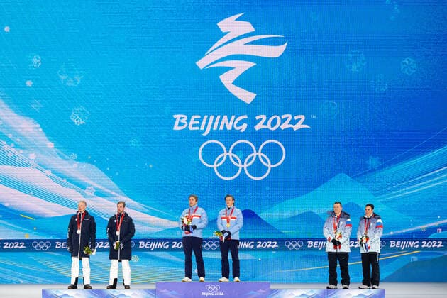 220217 Iivo Niskanen and Joni Mäki of Finland, Erik Valnes and Johannes Hosflot Klaebo of Norway and Alexander Bolshunov and Alexander Terentev ROC Russia at the medal ceremony for men s cross country skiing team sprint during day 13 of the 2022 Winter Olympics on February 17, 2022 in Zhangjiakou Photo Vegard Grott PHOTO AGENCY code VG JM0291 bbeng olympic games olympics winter olympics os ol olympic games winter os olympic games beijing peking 2022 beijing 2022 beijing 2022 olympic games beijing 2022 winter olympic games beijing os beijing ol winter ol medal ceremony finlands rally,  Copyright: VEGARDxGRoTT BB220217VG032