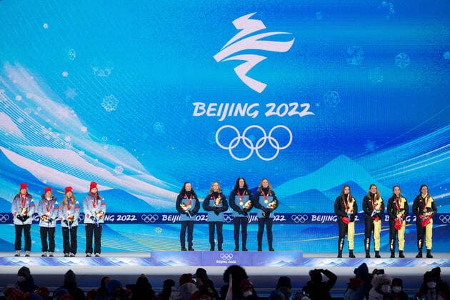 220217 Irina Kazakevich, Kristina Reztsova, Svetlana Mironova and Uliana Nigmatullina of Roc Russia, Linn Persson, Mona Brorsson, Hanna Öberg and Elvira Öberg of Sweden and Vanessa Voigt, Vanessa Hinz, Franziska Preuss and Denise Herrmann of Germany at the medal ceremony for women s biathlon 4 x 6 km relay during day 13 of the 2022 Winter Olympics on February 17, 2022 in Zhangjiakou Photo Vegard Grott BILDBYRAN kod VG JM0291 bbeng olympic games olympics winter olympics os ol olympiska spel vinter os olympiske leker peking peking peking 2022 beijing 2022 beijing 2022 olympic games beijing 2022 winter olympic games peking os beijing ol winter ol medal ceremony medal ceremony biathlon relay cheers sweden russia germany,  Copyright: VEGARDxGRoTT BB220217VG081