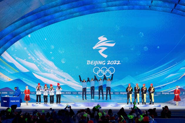 220217 Irina Kazakevich, Kristina Reztsova, Svetlana Mironova and Uliana Nigmatullina of Roc Russia, Linn Persson, Mona Brorsson, Hanna Öberg and Elvira Öberg of Sweden and Vanessa Voigt, Vanessa Hinz, Franziska Preuss and Denise Herrmann of Germany at the medal ceremony for women s biathlon 4 x 6 km relay during day 13 of the 2022 Winter Olympics on February 17, 2022 in Zhangjiakou Photo Vegard Grott BILDBYRAN kod VG JM0291 bbeng olympic games olympics winter olympics os ol olympiska spel vinter os olympiske leker peking peking peking 2022 beijing 2022 beijing 2022 olympic games beijing 2022 winter olympic games peking os beijing ol winter ol medal ceremony medal ceremony biathlon relay cheers sweden russia germany,  Copyright: VEGARDxGRoTT BB220217VG082