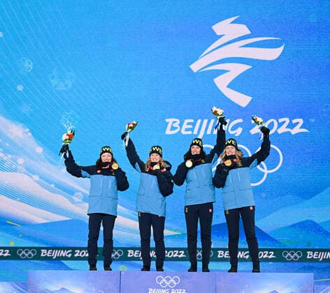 (220217) -- ZHANGJIAKOU, Feb. 17, 2022 -- Gold medalists of Sweden pose during the awarding ceremony of biathlon women s 4x6km relay at Zhangjiakou Medals Plaza of the Winter Olympics in Zhangjiakou, north China s Hebei Province, Feb. 17, 2022. ) (BEIJING2022)CHINA-ZHANGJIAKOU-OLYMPIC Winter games, Winterspiele,Spiele, Summer games AWARDING CEREMONY-BIATHLON (CN) MuxYu 