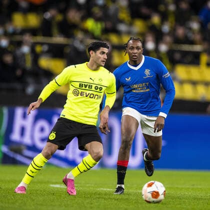 Mandatory Credit: Photo by Kirk O Rourke Rangers FC Shutterstock (12811477bp) Rangers Midfielder Joe Aribo puts pressure on Borussia Dortmund Midfielder Mahmoud Dahoud during the Europa League match at the Signal Iduna Park, Dortmund. Borussia Dortmund v Rangers, UEFA Europa League, Round of 32, Westfalenstadion, Dortmund, Germany - 17 Feb 2022 Borussia Dortmund v Rangers, UEFA Europa League, Round of 32, Westfalenstadion, Dortmund, Germany - 17 Feb 2022  Copyright: xKirkxO Rourke RangersxFC Shutterstockx 12811477bp