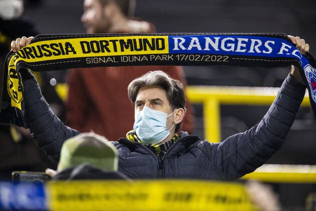 Mandatory Credit: Photo by Kirk O Rourke Rangers FC Shutterstock (12811477bs) A half and half scarf during the Europa League match at the Signal Iduna Park, Dortmund. Borussia Dortmund v Rangers, UEFA Europa League, Round of 32, Westfalenstadion, Dortmund, Germany - 17 Feb 2022 Borussia Dortmund v Rangers, UEFA Europa League, Round of 32, Westfalenstadion, Dortmund, Germany - 17 Feb 2022  Copyright: xKirkxO Rourke RangersxFC Shutterstockx 12811477bs