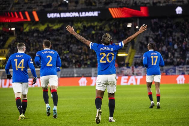 Mandatory Credit: Photo by Kirk O Rourke Rangers FC Shutterstock (12811477cl) Rangers Forward Alfredo Morelos celebrates scoring his sides second goal during the Europa League match at the Signal Iduna Park, Dortmund. Borussia Dortmund v Rangers, UEFA Europa League, Round of 32, Westfalenstadion, Dortmund, Germany - 17 Feb 2022 Borussia Dortmund v Rangers, UEFA Europa League, Round of 32, Westfalenstadion, Dortmund, Germany - 17 Feb 2022  Copyright: xKirkxO Rourke RangersxFC Shutterstockx 12811477cl