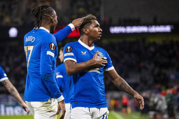 Mandatory Credit: Photo by Kirk O Rourke Rangers FC Shutterstock (12811477ch) Rangers Forward Alfredo Morelos celebrates scoring his sides second goal during the Europa League match at the Signal Iduna Park, Dortmund. Borussia Dortmund v Rangers, UEFA Europa League, Round of 32, Westfalenstadion, Dortmund, Germany - 17 Feb 2022 Borussia Dortmund v Rangers, UEFA Europa League, Round of 32, Westfalenstadion, Dortmund, Germany - 17 Feb 2022  Copyright: xKirkxO Rourke RangersxFC Shutterstockx 12811477ch