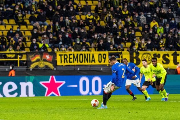 Mandatory Credit: Photo by Kirk O Rourke Rangers FC Shutterstock (12811477ci) Rangers Defender James Tavernier scores his sides first goal during the Europa League match at the Signal Iduna Park, Dortmund. Borussia Dortmund v Rangers, UEFA Europa League, Round of 32, Westfalenstadion, Dortmund, Germany - 17 Feb 2022 Borussia Dortmund v Rangers, UEFA Europa League, Round of 32, Westfalenstadion, Dortmund, Germany - 17 Feb 2022  Copyright: xKirkxO Rourke RangersxFC Shutterstockx 12811477ci