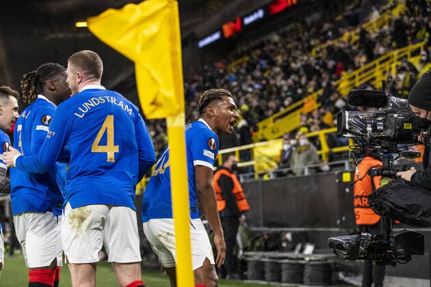 Mandatory Credit: Photo by Kirk O Rourke Rangers FC Shutterstock (12811477cj) Rangers Forward Alfredo Morelos celebrates scoring his sides second goal during the Europa League match at the Signal Iduna Park, Dortmund. Borussia Dortmund v Rangers, UEFA Europa League, Round of 32, Westfalenstadion, Dortmund, Germany - 17 Feb 2022 Borussia Dortmund v Rangers, UEFA Europa League, Round of 32, Westfalenstadion, Dortmund, Germany - 17 Feb 2022  Copyright: xKirkxO Rourke RangersxFC Shutterstockx 12811477cj