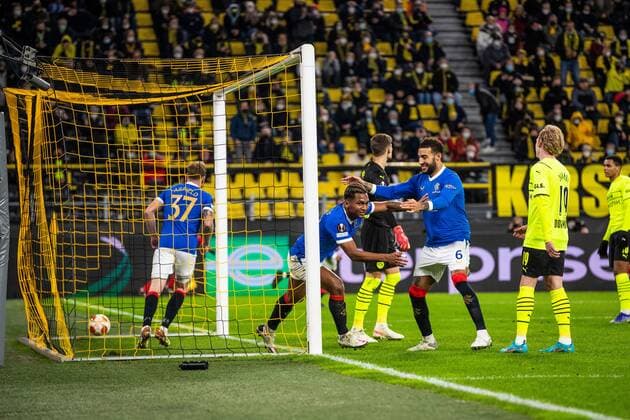 Mandatory Credit: Photo by Kirk O Rourke Rangers FC Shutterstock (12811477ce) Rangers Forward Alfredo Morelos celebrates scoring his sides second goal during the Europa League match at the Signal Iduna Park, Dortmund. Borussia Dortmund v Rangers, UEFA Europa League, Round of 32, Westfalenstadion, Dortmund, Germany - 17 Feb 2022 Borussia Dortmund v Rangers, UEFA Europa League, Round of 32, Westfalenstadion, Dortmund, Germany - 17 Feb 2022  Copyright: xKirkxO Rourke RangersxFC Shutterstockx 12811477ce