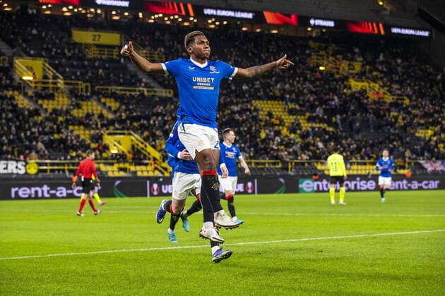 Mandatory Credit: Photo by Kirk O Rourke Rangers FC Shutterstock (12811477cg) Rangers Forward Alfredo Morelos celebrates scoring his sides second goal during the Europa League match at the Signal Iduna Park, Dortmund. Borussia Dortmund v Rangers, UEFA Europa League, Round of 32, Westfalenstadion, Dortmund, Germany - 17 Feb 2022 Borussia Dortmund v Rangers, UEFA Europa League, Round of 32, Westfalenstadion, Dortmund, Germany - 17 Feb 2022  Copyright: xKirkxO Rourke RangersxFC Shutterstockx 12811477cg