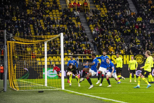 Mandatory Credit: Photo by Kirk O Rourke Rangers FC Shutterstock (12811477cb) Rangers Forward Alfredo Morelos scores his sides second goal during the Europa League match at the Signal Iduna Park, Dortmund. Borussia Dortmund v Rangers, UEFA Europa League, Round of 32, Westfalenstadion, Dortmund, Germany - 17 Feb 2022 Borussia Dortmund v Rangers, UEFA Europa League, Round of 32, Westfalenstadion, Dortmund, Germany - 17 Feb 2022  Copyright: xKirkxO Rourke RangersxFC Shutterstockx 12811477cb