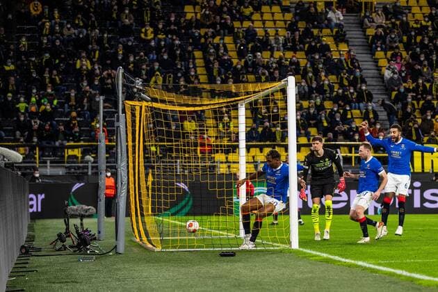 Mandatory Credit: Photo by Kirk O Rourke Rangers FC Shutterstock (12811477cd) Rangers Forward Alfredo Morelos scores his sides second goal during the Europa League match at the Signal Iduna Park, Dortmund. Borussia Dortmund v Rangers, UEFA Europa League, Round of 32, Westfalenstadion, Dortmund, Germany - 17 Feb 2022 Borussia Dortmund v Rangers, UEFA Europa League, Round of 32, Westfalenstadion, Dortmund, Germany - 17 Feb 2022  Copyright: xKirkxO Rourke RangersxFC Shutterstockx 12811477cd