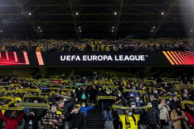 17 02 2022, football, 2021 2022 season, UEFA Europa League, play offs, Borussia Dortmund Glasgow Rangers, fans at Signal Iduna Park Photo Dennis Ewert RHR FOTO Dortmund Signal Iduna Park NRW Germany xRHR FOTO DEx