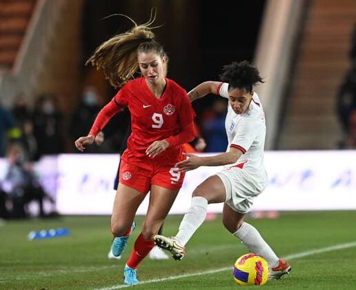 Mandatory Credit: Photo by Richard Lee Shutterstock (12809684a) Demi Stokes of England Women challenges Jordyn Huitema of Canada Women England Women v Canada Women, Arnold Clark Cup 2022, Football, Riverside Stadium, Middlesbrough, UK - 17 Feb 2022 EDITORIAL USE ONLY No use with unauthorised audio, video, data, fixture lists, club league logos or live services. Online in-match use limited to 120 images, no video emulation. No use in betting, games or single club league player publications. England Women v Canada Women, Arnold Clark Cup 2022, Football, Riverside Stadium, Middlesbrough, UK - 17 Feb 2022 EDITORIAL USE ONLY No use with unauthorised audio, video, data, fixture lists, club league logos or live services. Online in-match use limited to 120 images, no video emulation. No use in betting, games or single club league player publications. Copyright: xRichardxLee Shutterstockx 12809684a