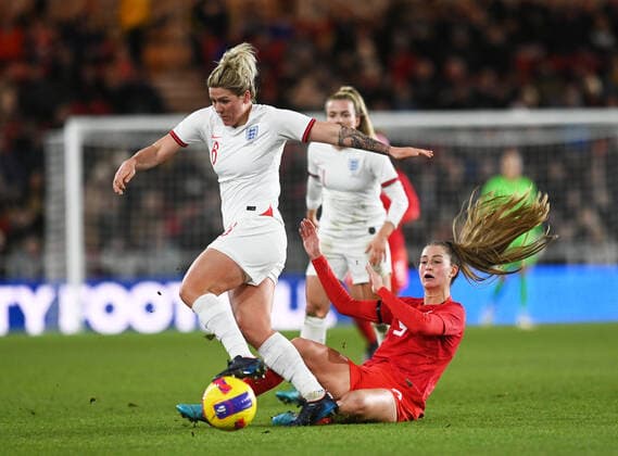 Mandatory Credit: Photo by Richard Lee Shutterstock (12809684b) Jordyn Huitema of Canada Women challenges Millie Bright of England Women England Women v Canada Women, Arnold Clark Cup 2022, Football, Riverside Stadium, Middlesbrough, UK - 17 Feb 2022 EDITORIAL USE ONLY No use with unauthorised audio, video, data, fixture lists, club league logos or live services. Online in-match use limited to 120 images, no video emulation. No use in betting, games or single club league player publications. England Women v Canada Women, Arnold Clark Cup 2022, Football, Riverside Stadium, Middlesbrough, UK - 17 Feb 2022 EDITORIAL USE ONLY No use with unauthorised audio, video, data, fixture lists, club league logos or live services. Online in-match use limited to 120 images, no video emulation. No use in betting, games or single club league player publications. Copyright: xRichardxLee Shutterstockx 12809684b