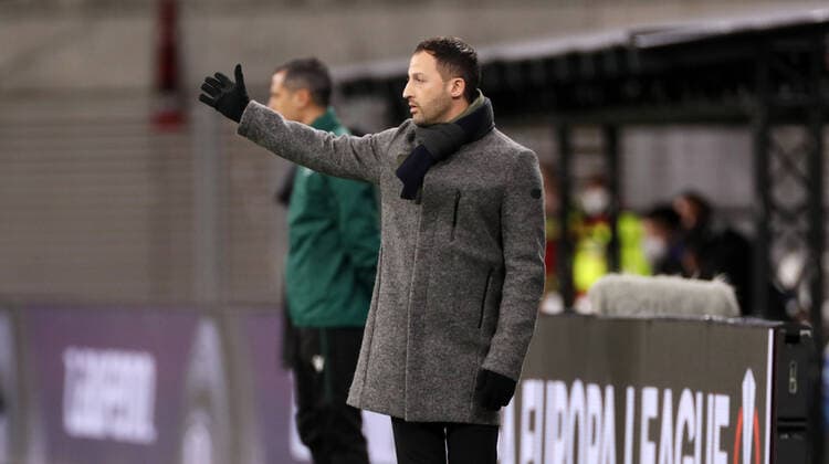 RB Leipzig San Sebastian 17 02 2022 Leipzig, 17 02 2022, Red Bull Arena, Football, UEFA Euro League, Ko Runde PlayOff, First leg , RB Leipzig vs Real Sociedad San Sebastian , Pictured coach Domenico Tedesco, RB Leipzig , UEFA regulations prohibit any use of photographs as image sequences and or quasi video