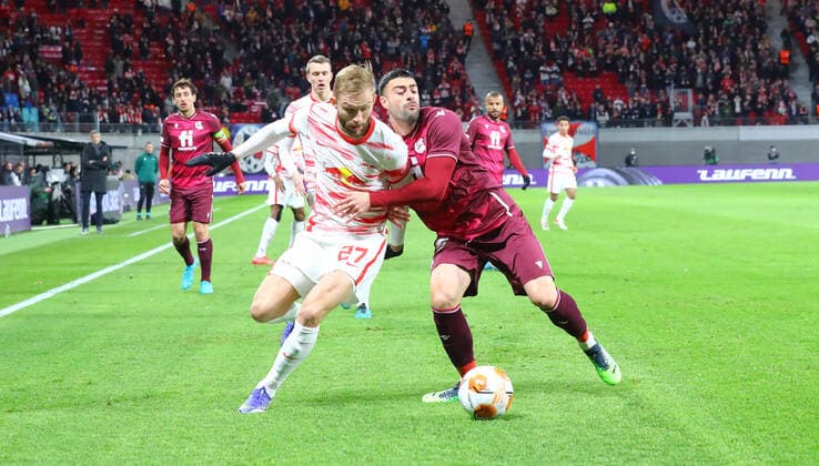 RB Leipzig San Sebastian 17 02 2022 Leipzig, 17 02 2022, Red Bull Arena, Football, UEFA Europa League, Play Off Round , RB Leipzig GER vs Real Sociedad San Sebastian ESP , Pictured v l Konrad Laimer 27, RB Leipzig and Diego Rico 15, San Sebastian , UEFA regulations prohibit any use of photographs as image sequences and or quasi video , Picture Point