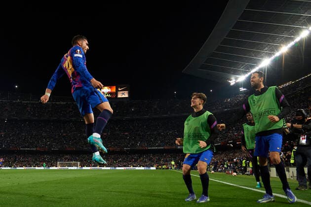 FC Barcelona, Barca v SSC Napoli: Knockout Round Play-Off Leg One - UEFA Europa League Ferran Torres of Barcelona celebrates after scoring his sides first goal during the UEFA Europa League Knockout Round Play-Off Leg One match between FC Barcelona and SSC Napoli at Camp Nou on February 17, 2022 in Barcelona, Spain. Barcelona Spain  Copyright: xJosexBretonx originalFilename:breton-fcbarcel220217_npFya.jpg