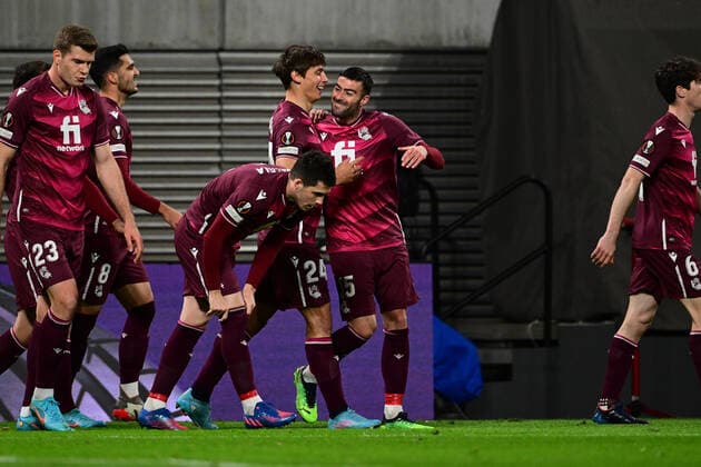 Goal celebration for 0 1 by Robin Le Normand 24 San Sebastian , RB Leipzig vs Real Sociedad, Europa League, PLayoff first leg, 17 02 2022 Copyright: xkolbert-press MarcxNiemeyerx