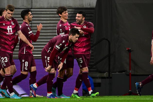 Goal celebration for 0 1 by Robin Le Normand 24 San Sebastian , RB Leipzig vs Real Sociedad, Europa League, PLayoff first leg, 17 02 2022 Copyright: xkolbert-press MarcxNiemeyerx