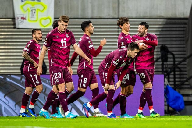 FB EL RB Leipzig Real Sociedad Robin Le Normand Real Sociedad cheers after scoring 0 1 during the knockout rounds play off season 2021 2022 in the Europa League men between RB Leipzig and Real Sociedad San Sebastian at Red Bull Arena on 17 February 2022 in Leipzig, Saxony, Germany