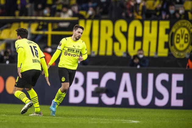 Mandatory Credit: Photo by Kirk O Rourke Rangers FC Shutterstock (12811477fa) Borussia Dortmund Defender Raphael Guerreiro celebrates scoring his sides second goal during the Europa League match at the Signal Iduna Park, Dortmund. Borussia Dortmund v Rangers, UEFA Europa League, Round of 32, Westfalenstadion, Dortmund, Germany - 17 Feb 2022 Borussia Dortmund v Rangers, UEFA Europa League, Round of 32, Westfalenstadion, Dortmund, Germany - 17 Feb 2022 Copyright: xKirkxO Rourke RangersxFC Shutterstockx 12811477fa