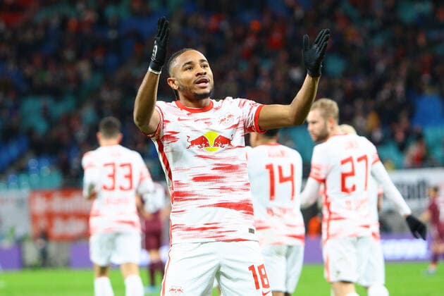 17 02 2022, xtgx, football UEFA European League, RB Leipzig Real Sociedad San Sebastian emspor, v l Christopher Nkunku Leipzig, 18 after goal to 1 1 jubilation, goal jubilation, cheers about the goal, celebrate the goal, celebration DFL DFB REGULATIONS PROHIBIT ANY USE OF PHOTOGRAPHS as IMAGE SEQUENCES and or QUASI VIDEO Leipzig