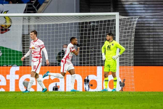 FB EL RB Leipzig Real Sociedad goal by Christopher Nkunku RB Leipzig to 1 1 during the knockout rounds play off season 2021 2022 in the Europa League men between RB Leipzig and Real Sociedad San Sebastian at Red Bull Arena on 17 February 2022 in Leipzig, Saxony, Germany