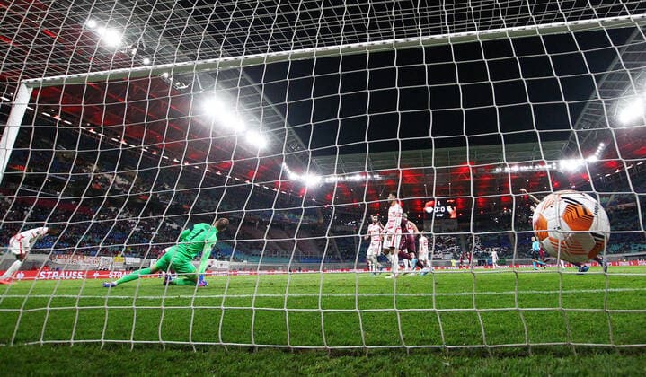 RB Leipzig San Sebastian 17 02 2022 Leipzig, 17 02 2022, Red Bull Arena, Football, UEFA Euro League, Ko Round PlayOff, First leg , RB Leipzig vs Real Sociedad San Sebastian , In picture fans of San Sebastian Robin Le Normand 24, San Sebastian scores 0 1, , UEFA regulations prohibit any use of photographs as image sequences and or quasi video