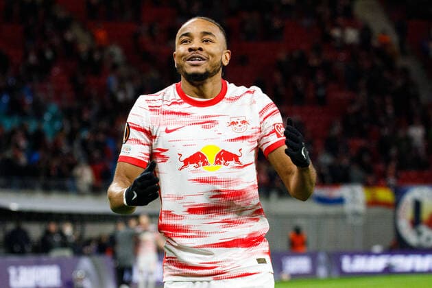 Leipzig, Germany 17 February 2022 Europa League 2021 2022 RB Leipzig vs San Sebastian Christopher Nkunku RB Leipzig rejoices after scoring 1 1 Red Bull Stadion Sachsen Copyright: xFotostandx xMatybax