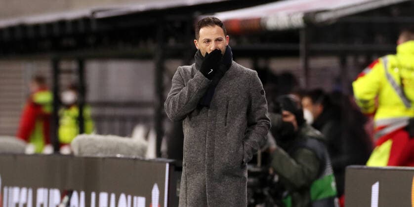 RB Leipzig San Sebastian 17 02 2022 Leipzig, 17 02 2022, Red Bull Arena, Football, UEFA Euro League, Ko Runde PlayOff, First leg , RB Leipzig vs Real Sociedad San Sebastian , Pictured coach Domenico Tedesco, RB Leipzig , UEFA regulations prohibit any use of photographs as image sequences and or quasi video