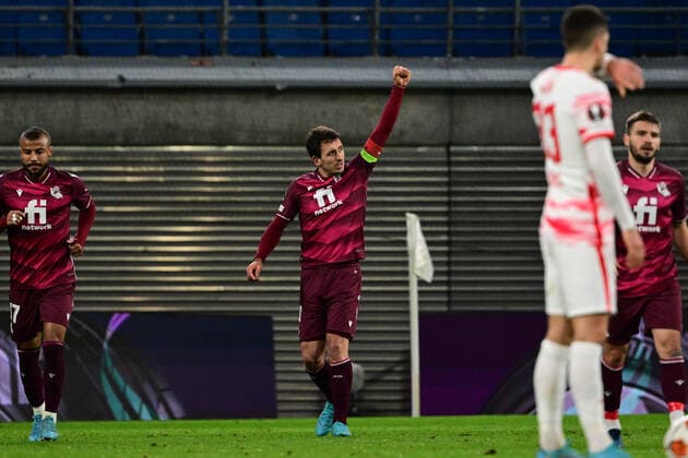 Goal celebration to 1 2 by Mikel Oyarzabal 10 San Sebastian , RB Leipzig vs Real Sociedad, Europa League, PLayoff first leg, 17 02 2022 Copyright: xkolbert-press MarcxNiemeyerx