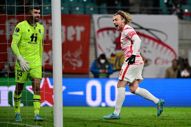 Goal celebration to 2 2 by Emil Forsberg 10 Leipzig , RB Leipzig vs Real Sociedad, Europa League, PLayoff first leg, 17 02 2022 Copyright: xkolbert-press MarcxNiemeyerx