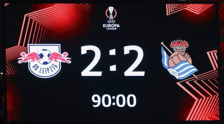 RB Leipzig San Sebastian 17 02 2022 Leipzig, 17 02 2022, Red Bull Arena, Football, UEFA Europa League, Play Off Round , RB Leipzig GER vs Real Sociedad San Sebastian ESP 2 2 1 1 , In picture stadium scoreboard with final result , UEFA regulations prohibit any use of photographs as image sequences and or quasi video , Picture Point
