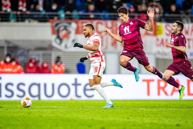 FB EL RB Leipzig Real Sociedad Christopher Nkunku RB Leipzig on goal chance during the knockout rounds play off season 2021 2022 in the Europa League men between RB Leipzig and Real Sociedad San Sebastian at Red Bull Arena on 17 February 2022 in Leipzig, Saxony, Germany