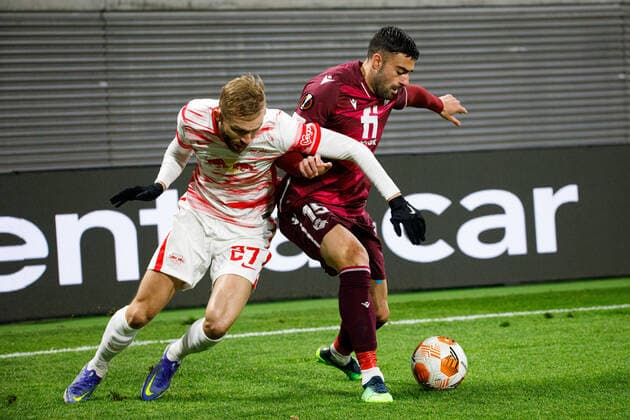 Leipzig, Germany 17 February 2022 Europa League 2021 2022 RB Leipzig vs San Sebastian in duel Konrad Laimer RB Leipzig and Diego Rico Real Sociedad Red Bull Stadion Saxony Copyright: xFotostandx xMatybax