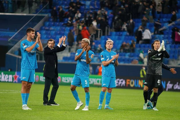 February 17, 2022, Saint Petersburg, Russia: Mikhail Kerzhakov (No.41), Andrey Mostovoy (No.17) of Zenit are seen during the UEFA Europa League, football match between Zenit and Real Betis Balompie at Gazprom Arena. Saint Petersburg Russia - ZUMAs197 20220217_zaa_s197_245 Copyright: xMaksimxKonstantinovx