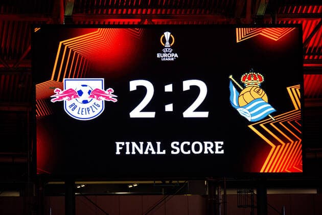 Leipzig, Germany 17 February 2022 Europa League 2021 2022 RB Leipzig vs San Sebastian scoreboard with final score 2 2 Red Bull Stadion Sachsen Copyright: xFotostandx xMatybax