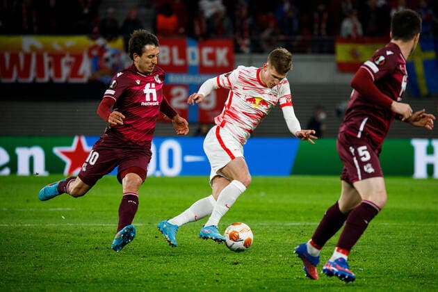 Leipzig, Germany 17 February 2022 Europa League 2021 2022 RB Leipzig vs San Sebastian in duel Mikel Oyarzabal Real Sociedad and Dani Olmo RB Leipzig Red Bull Stadion Saxony Copyright: xFotostandx xMatybax