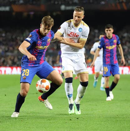 February 17, 2022, Sabadell, Barcelona, Spain: Barcelona Spain 17.02.2022 Nico Gonzalez FC Barcelona, Barca and Amir Rrahmani (SSC Napoli) battle for the ball during the UEFA Europa League between FC Barcelona and SSC Napoli at Camp Nou on 17 February 2021 in Barcelona. Sabadell Spain - ZUMAu50_ 20220217_zsp_u50_032 Copyright: xXavixUrgelesx