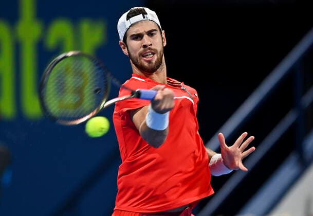 (220218) -- DOHA, Feb. 18, 2022 -- Karen Khachanov of Russia returns the ball during the quarterfinal of ATP, Tennis Herren Qatar Open Tennis match against Marin Cilic of Croatia at Khalifa International Tennis Complex in Doha, capital of Qatar, Feb. 17, 2022. (Photo by Xinhua) (SP)QATAR-DOHA-TENNIS-ATP QATAR OPEN-QUARTERFINAL Nikku 