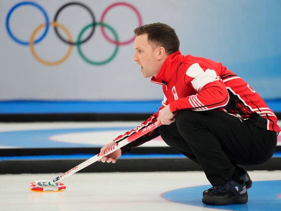 February 18, 2022, Beijing, China: Canada skip Brad Gushue calls to his sweepers during men s bronze medal curling action against the United States at the 2022 Winter Olympics in Beijing on Friday, Feb. 18, 2022. Canada News - February 18, 2022  - ZUMAc35_ 20220218_zaf_c35_045 Copyright: xRyanxRemiorzx