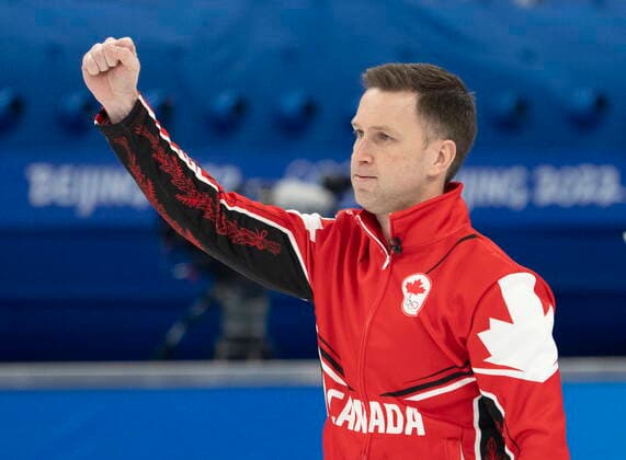 February 18, 2022, Beijing, China: CanadaöÄÃ s Brad Gushue reacts after winning the bronze medal curling match by beating the United States 8-5 Friday, February 18, 2022 at the 2022 Winter Olympics in Beijing. Brad Gushue  - ZUMAc35_ 20220218_zaf_c35_047 Copyright: xRyanxRemiorzx