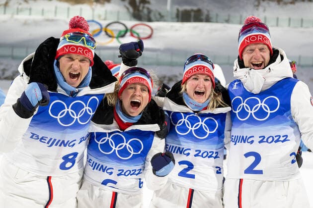 220218 Vetle Sjastad Christiansen, Tiril Eckhoff, Marte Olsbu Roiseland and Johannes Thingnes Bo of Norway celebrate after mens biathlon mass start during day 14 of the 2022 Winter Olympics on February 18, 2022 in Zhangjiakou Photo Vegard Grott PICTURE AGENCY code VG JE0046 biathlon biathlon biathlon olympic games olympics winter olympics os ol olympic games winter os olympic games peking peking 2022 beijing 2022 beijing 2022 olympic games beijing 2022 winter olympic games peking os beijing ol winter ol 14 bbeng norge jubel,  Copyright: VEGARDxGRoTT BB220218VG110