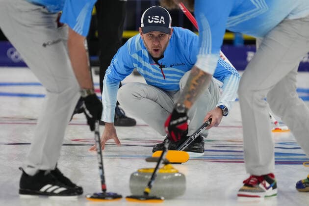 Team USA Skip John Shuster looks on after delivering the stone during their Men s Curling Bronze Medal Game against Team Canada at the Beijing 2022 Winter Olympics on Friday, February 18, 2022.  OLY20220218205 PaulxHanna