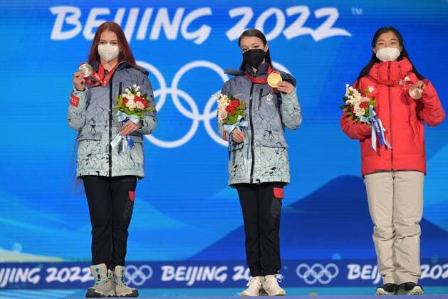 China Olympics 2022 Medal Ceremony 8119417 18.02.2022 Silver medalist Russian Olympic Committee s Alexandra Trusova, gold medalist Russian Olympic Committee s Anna Shcherbakova and bronze medalist Japan s Kaori Sakamoto pose on the podium during the women s single Figure skating, Eiskunstlauf medal ceremony of the Beijing 2022 Winter Olympic Games, Olympische Spiele, Olympia, OS at the Medals Plaza in Beijing, China. Grigory Sysoev Sputnik Beijing China  Copyright: xGrigoryxSysoevx