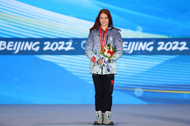 BEIJING, CHINA â€“ FEBRUARY 18, 2022: Silver medallist Aleksandra Trusova of Team ROC poses at a victory ceremony for the ladies Figure skating, Eiskunstlauf event at the Beijing 2022 Winter Olympic Games, Olympische Spiele, Olympia, OS at the Beijing Medals Plaza. Anton Novoderezhkin TASS  TS124150