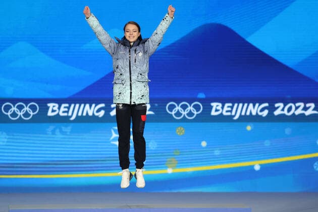 BEIJING, CHINA â€“ FEBRUARY 18, 2022: Gold medallist Anna Shcherbakova of Team ROC poses at a victory ceremony for the ladies Figure skating, Eiskunstlauf event at the Beijing 2022 Winter Olympic Games, Olympische Spiele, Olympia, OS at the Beijing Medals Plaza. Anton Novoderezhkin TASS  TS124152