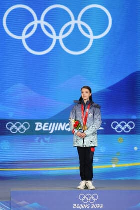 BEIJING, CHINA â€“ FEBRUARY 18, 2022: Gold medallist Anna Shcherbakova of Team ROC poses at a victory ceremony for the ladies Figure skating, Eiskunstlauf event at the Beijing 2022 Winter Olympic Games, Olympische Spiele, Olympia, OS at the Beijing Medals Plaza. Anton Novoderezhkin TASS  TS12417C
