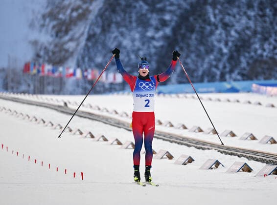 (220218) -- ZHANGJIAKOU, Feb. 18, 2022 -- Johannes Thingnes Boe of Norway celebrates after biathlon men s 15km mass start of Beijing 2022 Winter Olympics at National Biathlon Centre in Zhangjiakou, north China s Hebei Province, Feb. 18, 2022. ) (BEIJING2022)CHINA-ZHANGJIAKOU-OLYMPIC Winter games, Winterspiele,Spiele, Summer games BIATHLON-MEN S 15KM MASS START (CN) MuxYu 